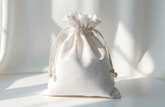 Elegant white pouch with pearled drawstring sits on a smooth surface. Soft fabric bag gathered at top with cord. Minimalist object for jewelry or gift storage.