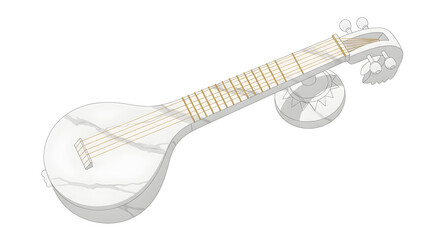Minimalist vector of the Saraswati Veena. Body rendered in white marble with gold string accents. Floating in a clean space. Elegant spiritual instrument.