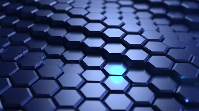 Glowing blue hexagonal pattern forms a modern abstract digital background.