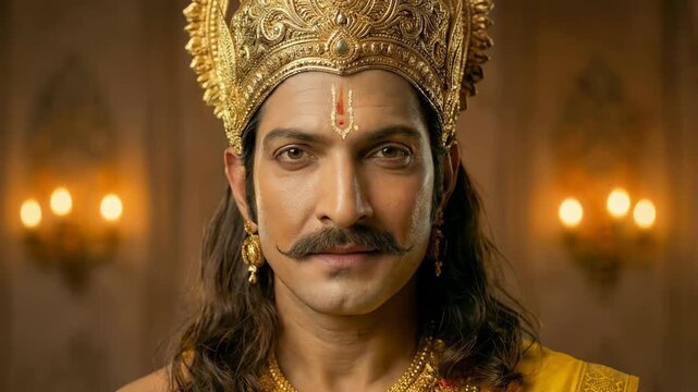 A closeup of an ancient Indian king in royal palace lighting, radiating authority, majesty, and regal presence.