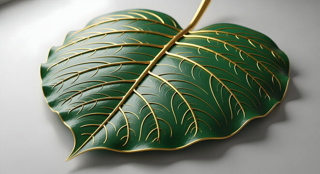 Single, large Banyan tree leaf in deep green with intricate 3D gold veins. Clean, minimalist background. Spiritual nature symbol.
