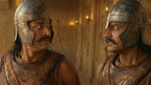 Ancient palace guards talk inside a hall, radiating authority, vigilance, and regal presence.