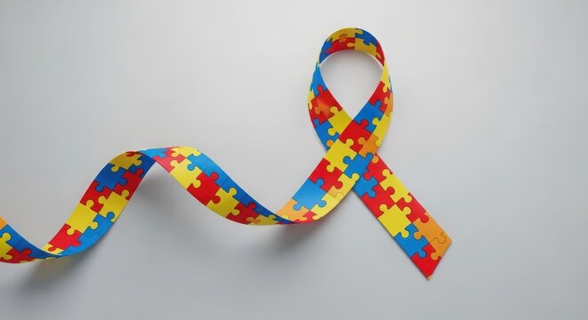 Colorful puzzle piece ribbon symbolizing autism awareness on gray background