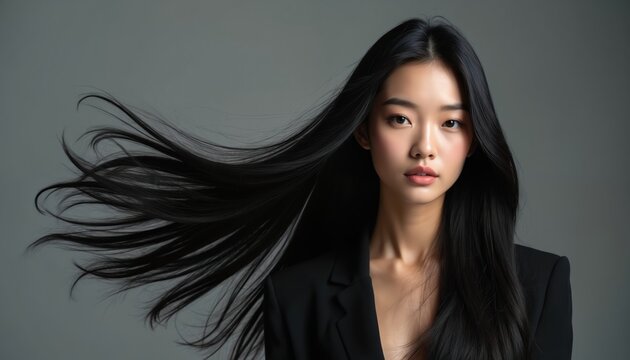 Young Asian woman with long flowing black hair. Hair moves with wind, creating dynamic, elegant look. Wears black blazer, posing against plain background. Face flawless, skin smooth, radiant, eyes