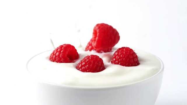 A close-up shot of fresh red raspberries in a bowl of creamy white yogurt, isolated on a clean white background.