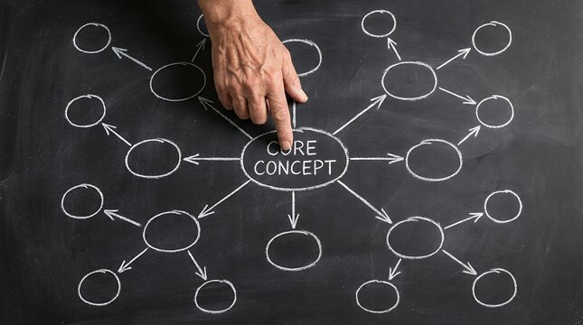 A hand points to a mind map diagram on a blackboard illustrating a core concept connected to multiple ideas with arrows brainstorm chalk learning strategy business planning