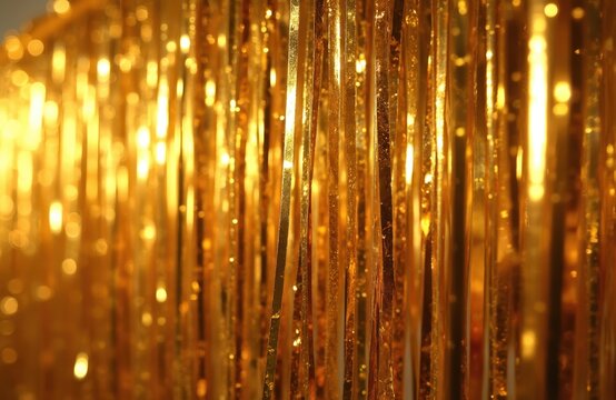 Shiny gold tinsel streamers hang vertically creating a festive bokeh background texture. Bright metallic strands reflect light, ideal for celebrations and party decor.