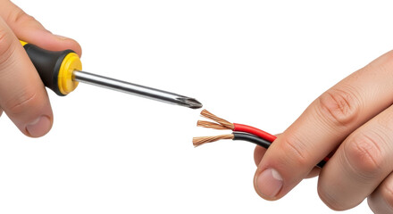 Hands Stripping Red and Black Electrical Wire with Yellow Screwdriver isolated PNG with Transparent Background