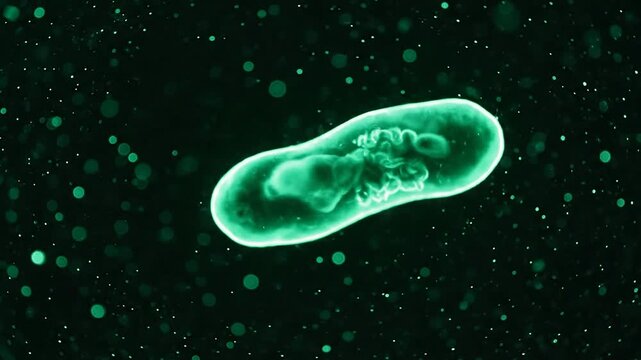Microscopic view of a glowing green paramecium swimming in dark liquid, a single-celled organism under a microscope.