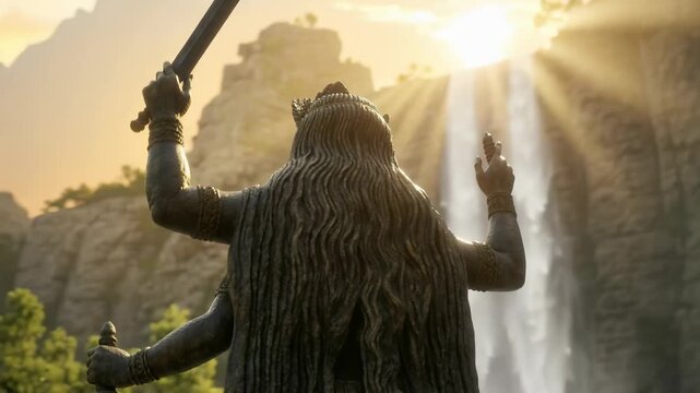 A Maa Kali statue stands amidst a sacred waterfall landscape, radiating divinity, serenity, and spiritual power.