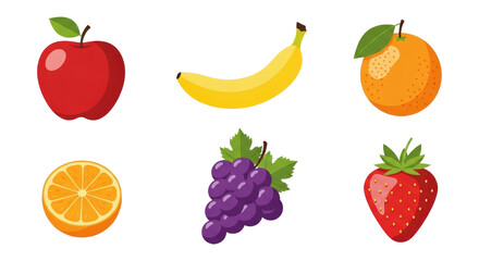 Set of 6 Fresh Fruit Vector Icons Including Apple, Banana, Orange, Grapes, and Strawberry isolated PNG with Transparent Background