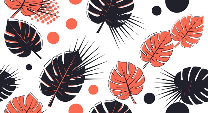 Vibrant tropical leaves pattern with coral and black hues on white background