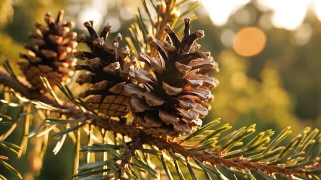 Close-up of pine cones on a branch with green needles in golden sunlight.