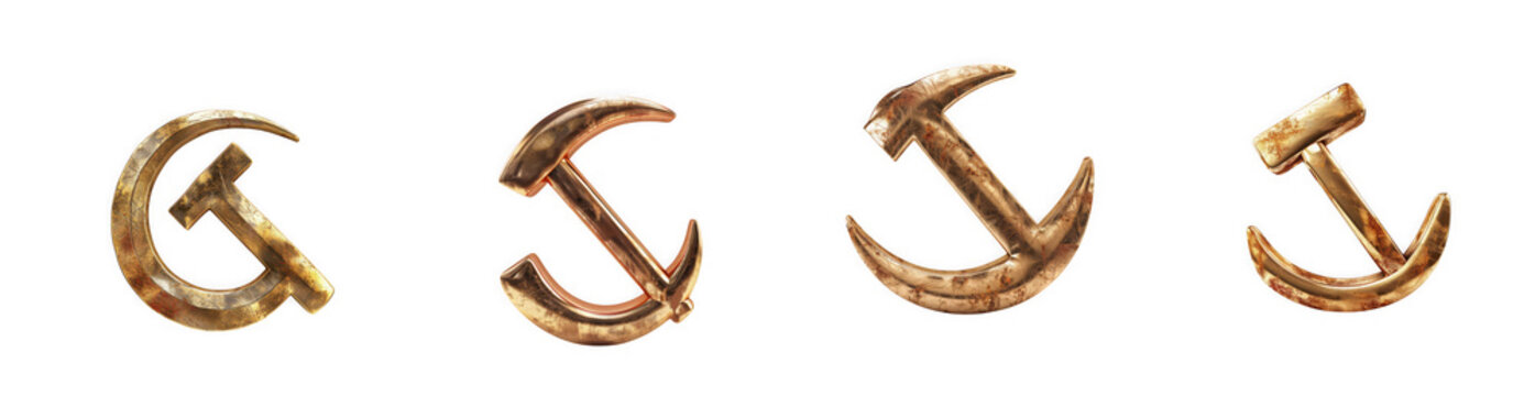 Vintage bronze hammer and sickle symbols, communist and soviet era icons isolated on transparent background