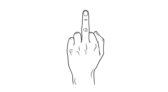 Hand gesture middle finger drawing, offensive sign, insult, rebellion, outline illustration