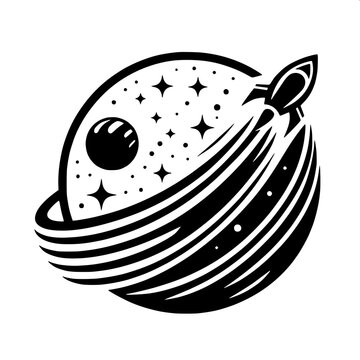 Classic space rocket blast off, monochrome engraving style, rocket flames and smoke clouds, starry sky circle background