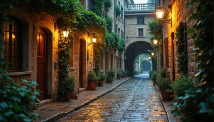Obraz premium Cobblestone street in old European town during gentle rain. Stone buildings covered in ivy, illuminated by warm street lamps at dusk create a peaceful and atmospheric mood.