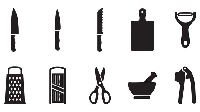 Professional knife set and food preparation tools with cutting board grater scissors and peeler icons