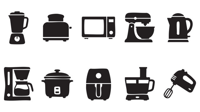 Small kitchen appliance icons including blender toaster microwave stand mixer kettle