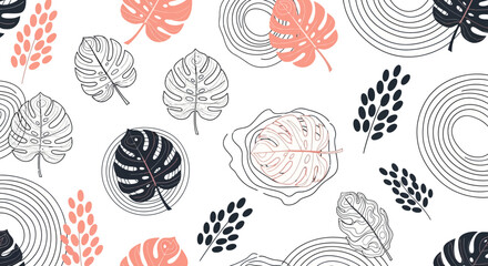 Vibrant monstera leaf pattern with modern line art on white background