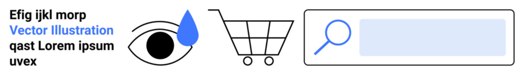 Obraz premium Digital marketing, e-commerce tools, online search, vision, web design, retail solutions. Eye with teardrop, shopping cart and search bar icons. Digital marketing and e-commerce tools concept