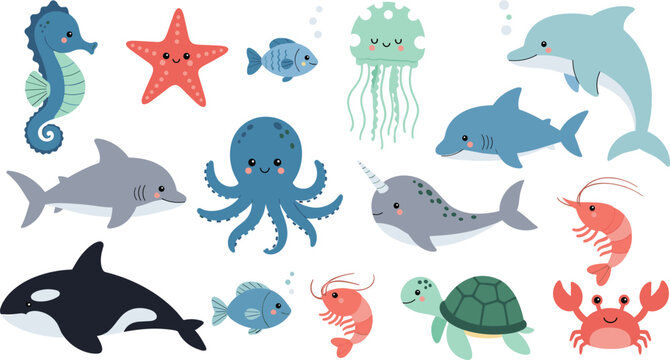 Cute ocean animals cartoon collection with dolphin, shark, octopus, turtle, jellyfish, crab and seahorse adorable sea life vector illustration set