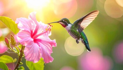 Fototapeta premium A small ruby-throated hummingbird with vibrant green feathers hovers in flight while feeding on a colorful nature flower with its long beak