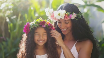 Naklejka premium Smiling hispanic mother arranging colorful flower crown on her daughter's curly hair in a tropical garden celebrating mother's day, enjoying a tender moment of affection and care