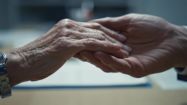 Aged, wrinkled hand wearing watch meets younger hand in caring gesture