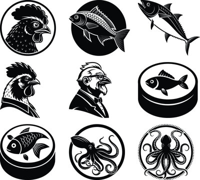 Black and white of rooster fish and octopus chicken tuna