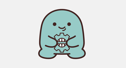 Fototapeta premium Cute blue cartoon character holding a gear, representing mechanics, engineering, and creativity
