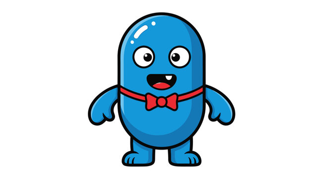 Cute Blue Cartoon Monster with Bow Tie, Funny Character Illustration