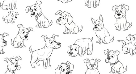 Obraz premium Cute cartoon dogs illustration, various breeds and poses, black and white sketch style