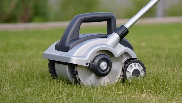 Gas lawn edger with rotating metal blade trimming grass edge along a paved path. Scene illustrates lawn edging and precise yard maintenance using powered garden equipment