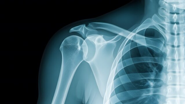 Human skeletal anatomy and shoulder joint X-ray. Orthopedic diagnostic imaging and bone structure. Radiograph showing the clavicle and scapula bones of a healthy adult male