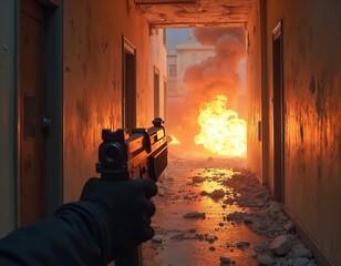 Obraz premium Hand holds gun looking down burning hallway. Debris litters floor, smoke billows from afar. Building interior engulfed in intense fire and destruction, chaos reigns.