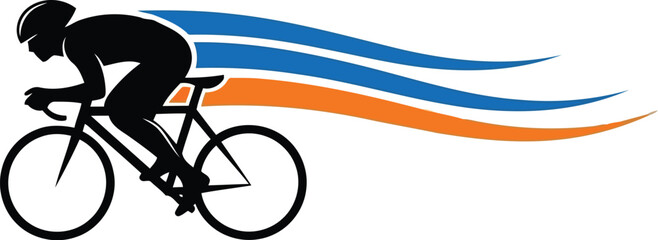 Fototapeta premium Cyclist Silhouette Racing with Dynamic Blue and Orange Speed Lines Vector Illustration