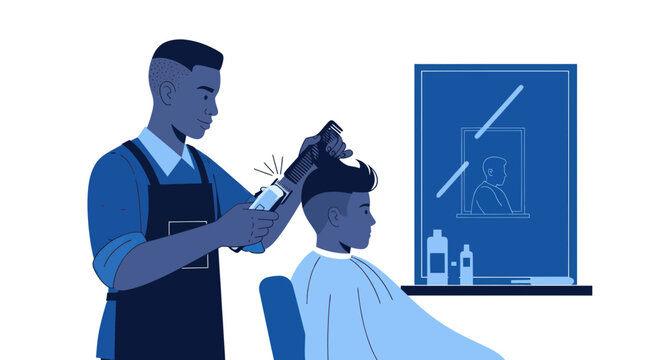 Barber cutting client's hair with electric clippers in salon, modern barbershop