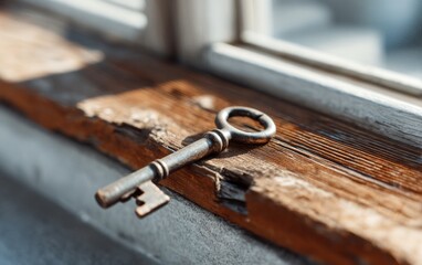 Key Resting on Weathered Wooden Window Sill