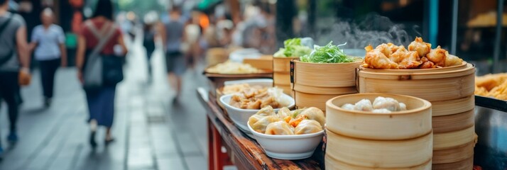 Fototapeta premium Delicious street food is being served from steaming bamboo baskets at a vibrant summer market, enticing tourists with aromatic flavors and cultural experiences