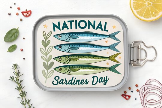 A beautifully illustrated sardine tin lid prominently features a celebratory design for National Sardines Day, showcasing a delightful stack of artistically rendered fish, two blue and two green, acco