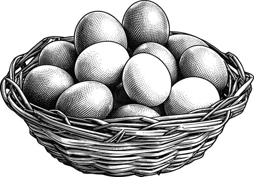 Woven basket filled with fresh farm eggs in detailed vintage engraving art style