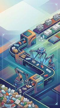 Automated Recycling Sorting Line With Robotic Arms Conveyor Systems And Industrial Waste Processing Facility Illustration