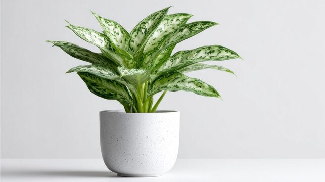 Beautiful Aglaonema plant with variegated green and white leaves in a modern white pot