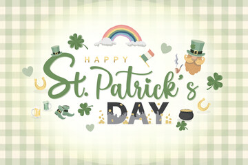 Fototapeta premium Happy St. Patrick's Day greeting card design with traditional Irish symbols, leprechaun hat, rainbow, pot of gold, and shamrocks on a green gingham background.