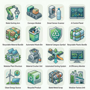 Recycling And Waste Management Automation Icon Set With Robotics Sorting Equipment Industrial Symbols And Sustainability Graphics