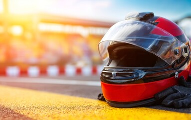 Fototapeta premium Racing Helmet on Circuit After the Race Gear Setting