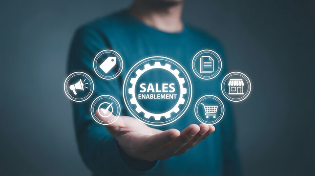 A persons hand holding a glowing digital representation of sales enablement with numerous business related ico