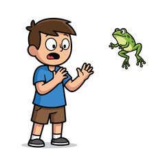 Obraz premium Boy surprised by a jumping green frog in cartoon style