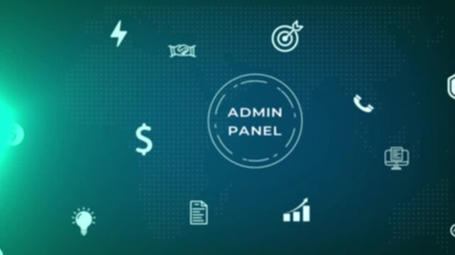 Admin panel interface with glowing neon text and surrounding business technology on a dark teal dotted background illuminated by a vibrant green light on the left